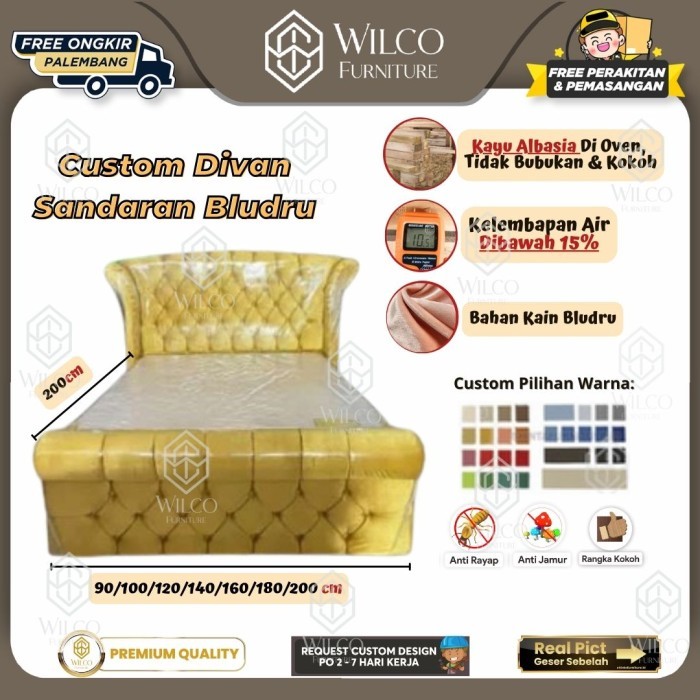 Custom Divan Sandaran Lusiana Bludru Legion | Custom Ranjang Kain Bludru | Custom Divan Kayu Albasia