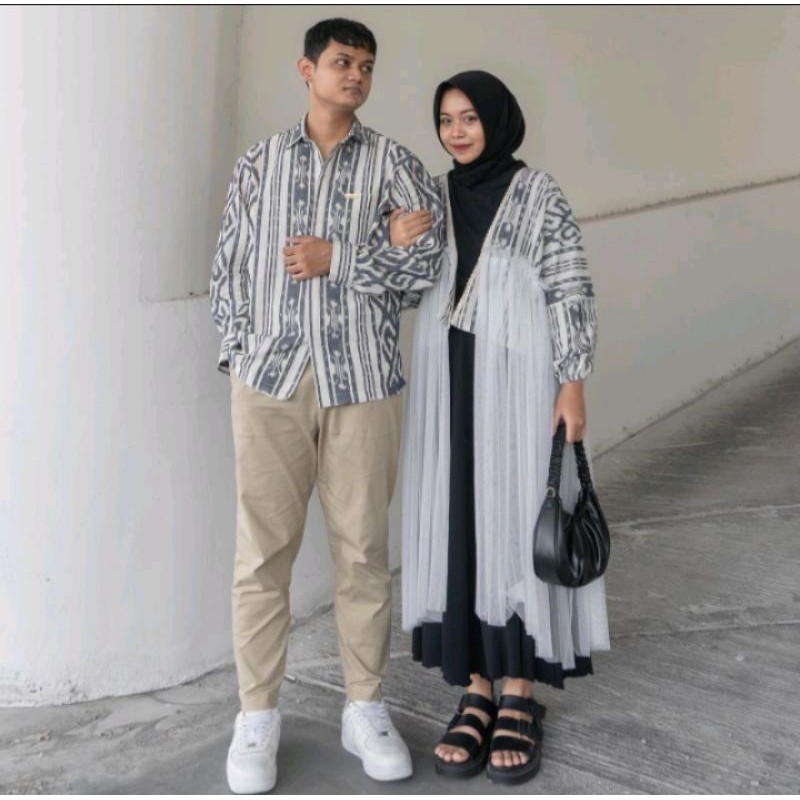 Baju Couple Tenun kombinasi, Baju Dress outer tenun wanita & kemeja panjang dan pendek tenun