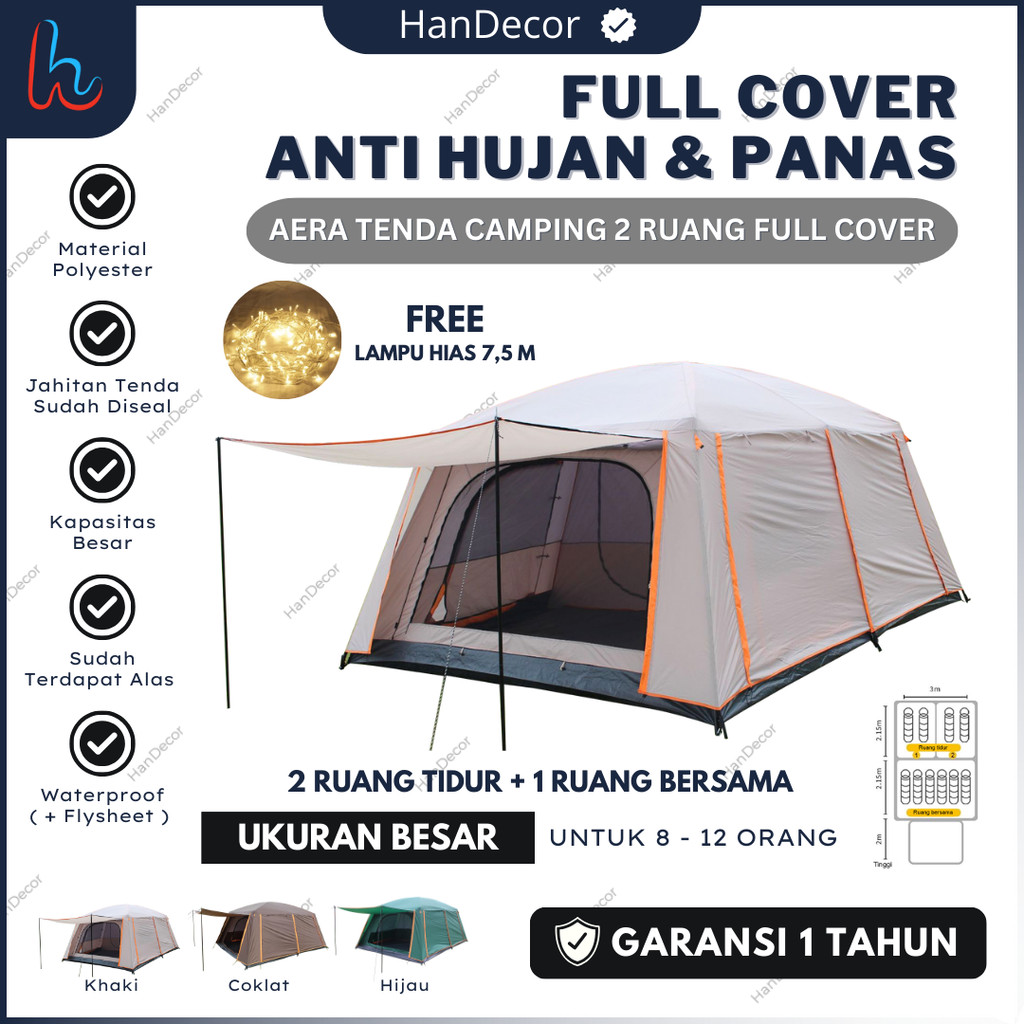 TENDA CAMPING FULL COVER BESAR 8-12 ORANG DOUBLE LAYER | TENDA WATERPROOF | TENDA CAMPING KELUARGA 8
