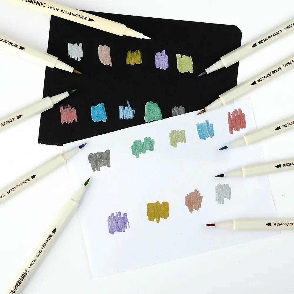 

10pcs/kit Metal Paint Pen Marker Set Soft Brush Head Pearlescent Watercolor Pen High-light Color Pen