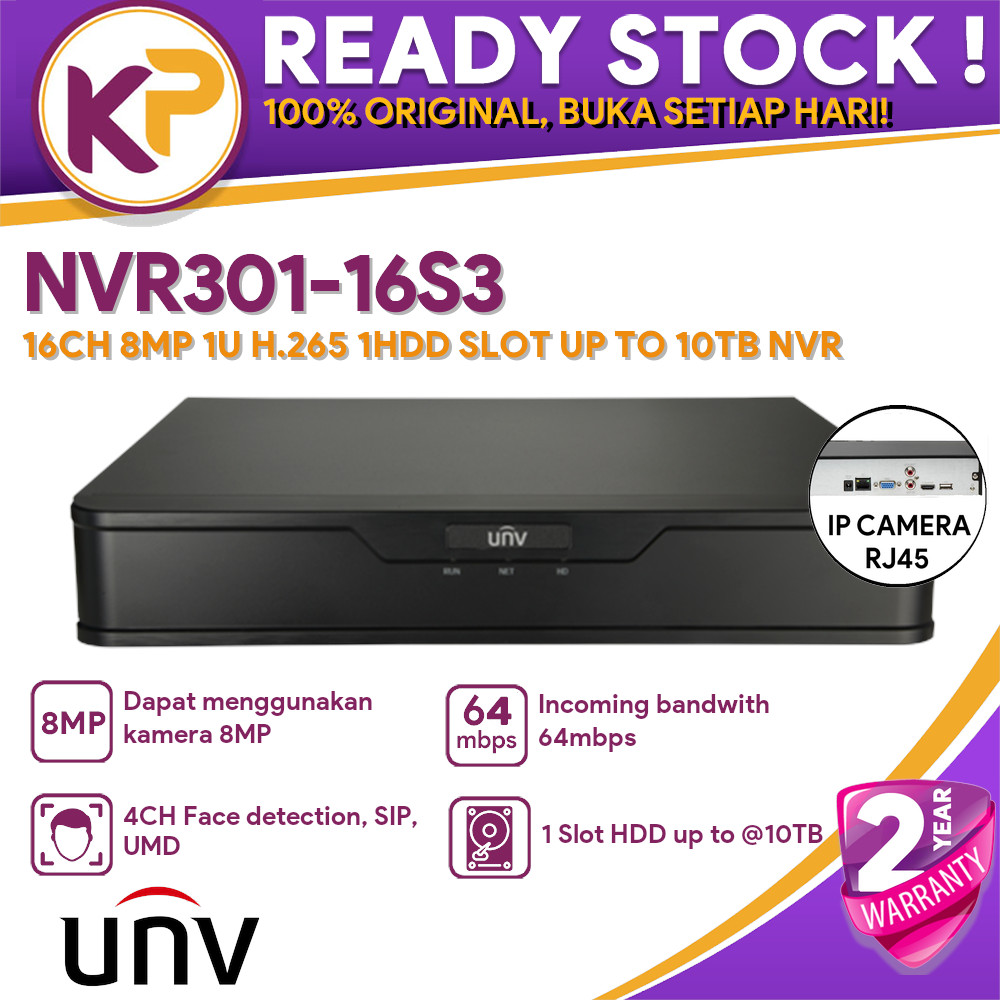 UNV NVR301-16S3 UNIVIEW 16CH 8MP 1U H.265 1HDD SLOT UP TO 10TB NVR