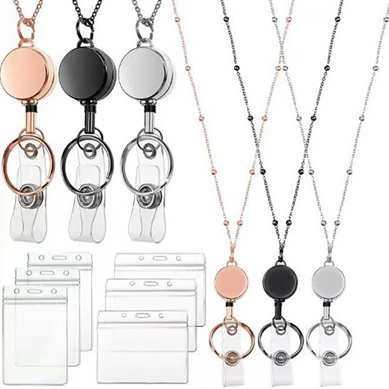 

Retractable Badge Reel Lanyard ID Card Holders Plastic Chain Necklaces Keychain Clip For Women Men Employee Wholesale