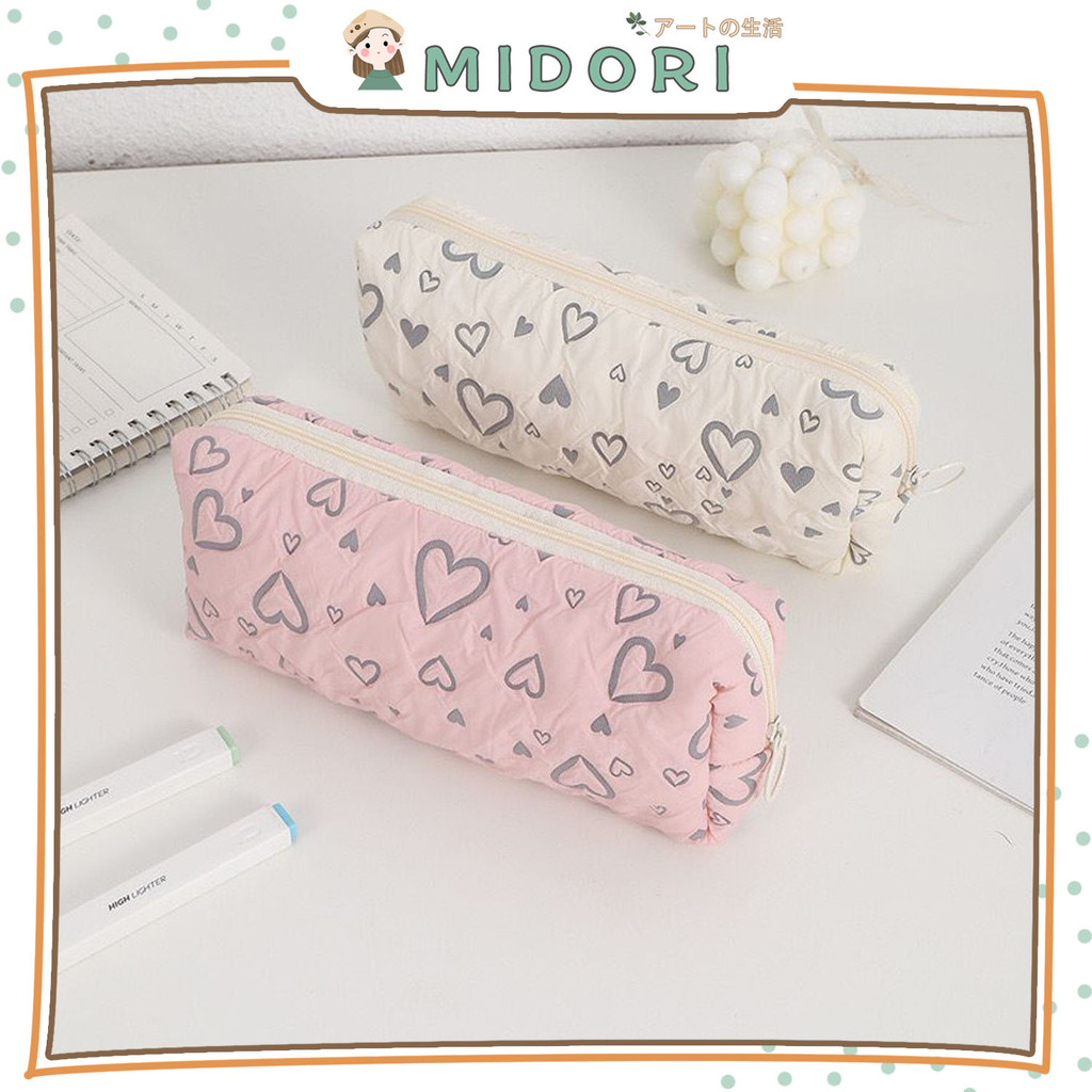 

[MIDORI] 1pcs Kotak Pensil WHITE AND PINK LOVE Pattern Pen Bag Large Capacity Minimalis Aesthetic Korean Style Stationery - F0369