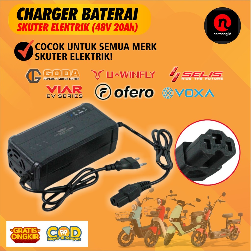 Cas Baterai Sepeda Listrik Adaptor Charger Aki Skuter 48V 20AH Uwinfly Pacific Selis Goda