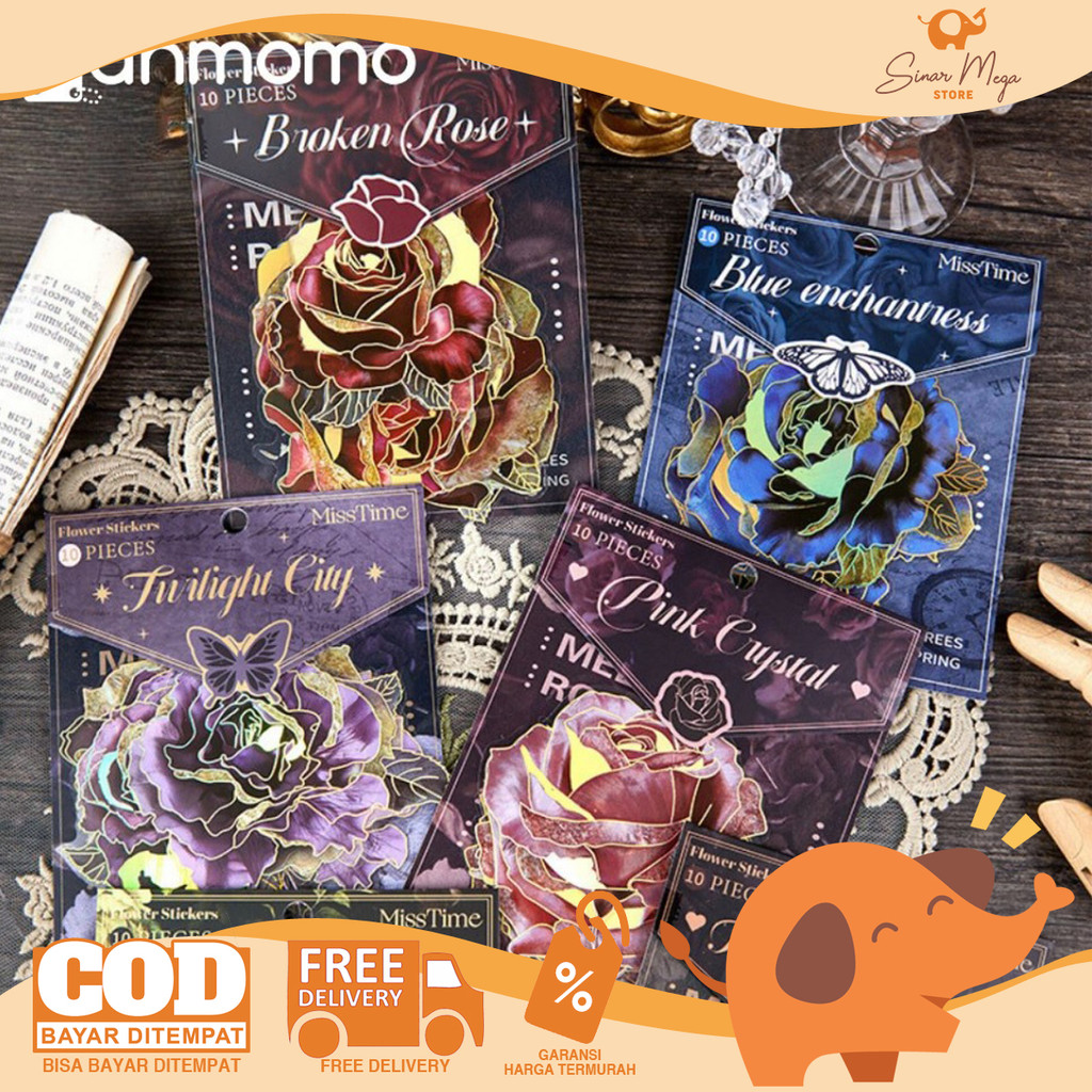 

Retro Gothic Floral Sticker Pack 10 Lembar - Stiker Rose Plastik PET Anti Air Murah