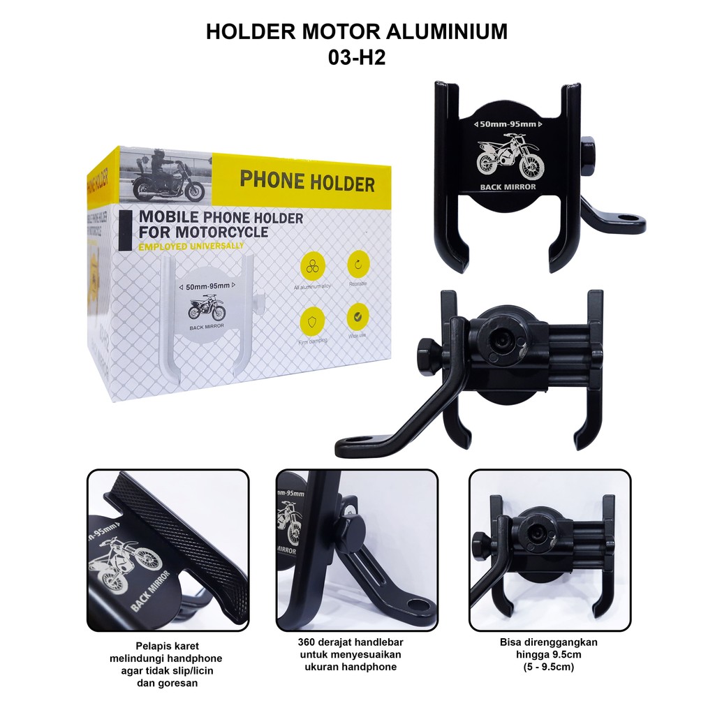 HOLDER HP MOTOR 03-H2 / HOLDER HP SPION MOTOR BAHAN ALUMINIUM / UNIVERSAL PHONE HOLDER 03-H2