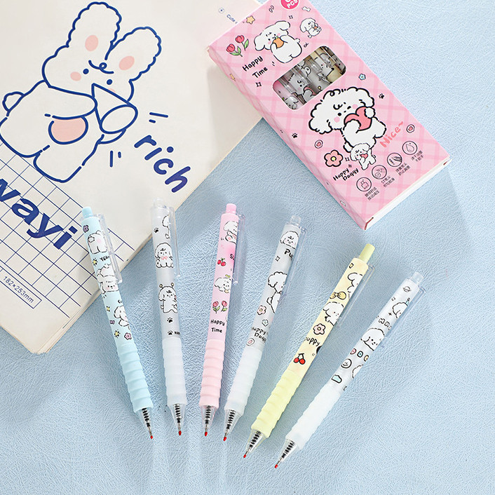 

[GROSIR ATK] PULPEN GEL MEKANIK 1 SET ISI 6 PCS MOTIF PUPPY WARNA PASTEL HANDLE SOFT DAN ANTI SLIP