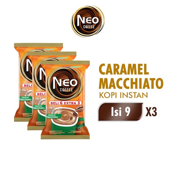 

A591-(27 PCS) Neo Coffee Machiato Kopi Instan Caramel Macchiato Kopi Susu Tanpa Ampas Pack 20 gr isi 6+3 PCS x3