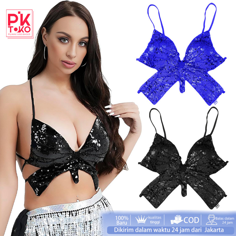 Atasan Belly Dance Tanktop Chifon Sequin Belly Dance Top Butterfly Sequins Halter Sexy Deep V-Neck