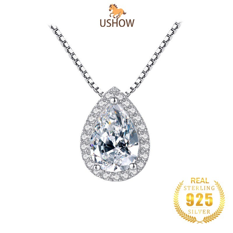 USHOW 925 Perak Tetesan Air Pir Kalung Liontin Perhiasan Wanita