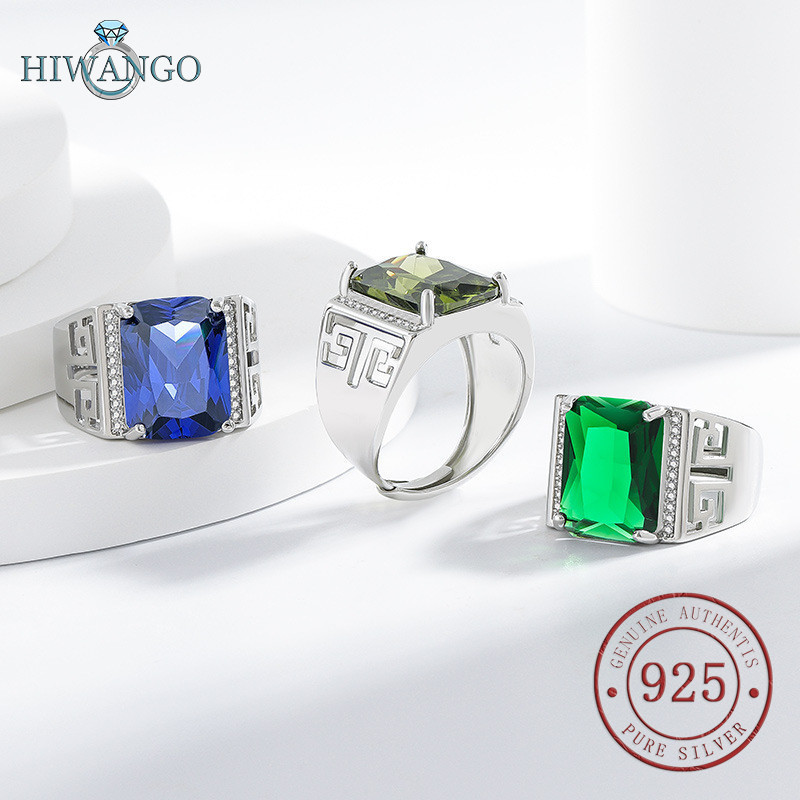 HIWANGO Cincin Batu Permata Hijau Berongga Berlapis Emas Putih 5A Zircon Untuk Pria