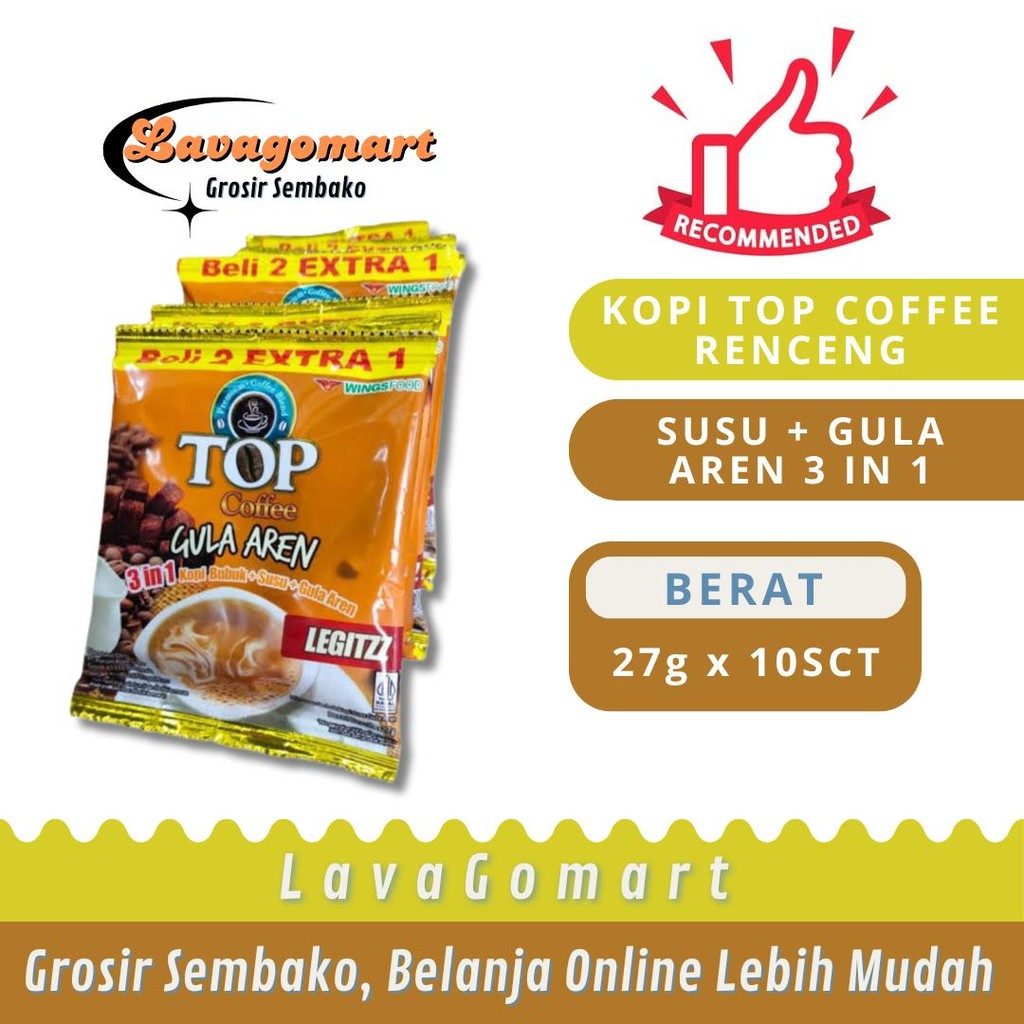 

KOPI TOP COFFEE SUSU + GULA AREN 3 IN 1 SACHET 27g - 1 RENCENG - LAVAGOMART - BANDUNG