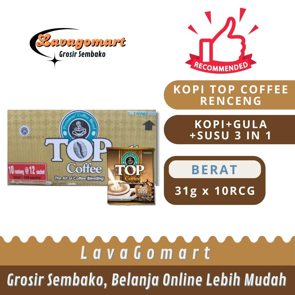

KOPI TOP COFFEE SUSU + GULA 3 IN 1 SACHET 31g - 1 DUS - LAVAGOMART - BANDUNG