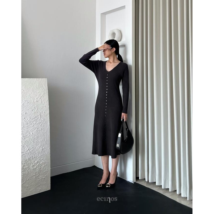 NEW -ECINOS - Natasha Knitted Dress - Dress Wanita (V-Neck Knitted Midi Dress) - Black, Midi