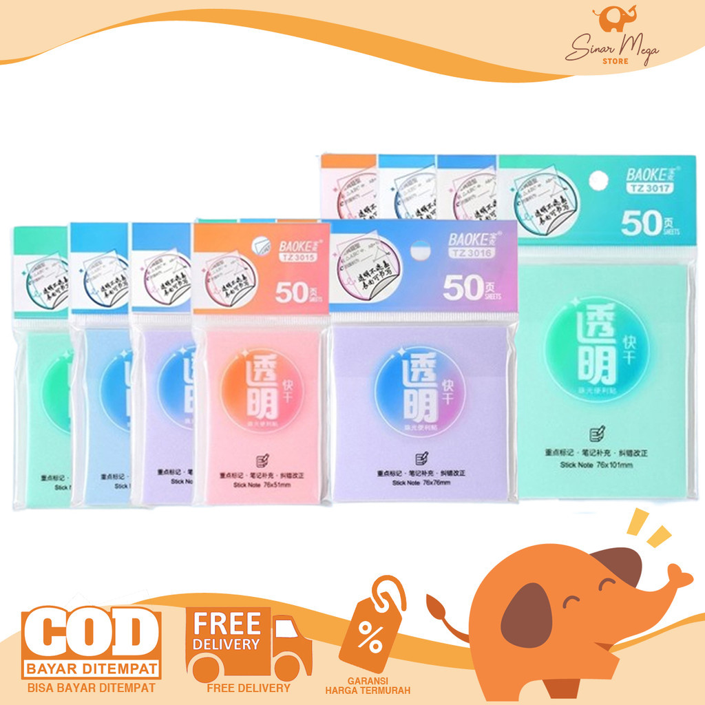 

BAOKE Color Transparent Sticky Notes - Memo Tempel Transparan 50 Lembar Murah