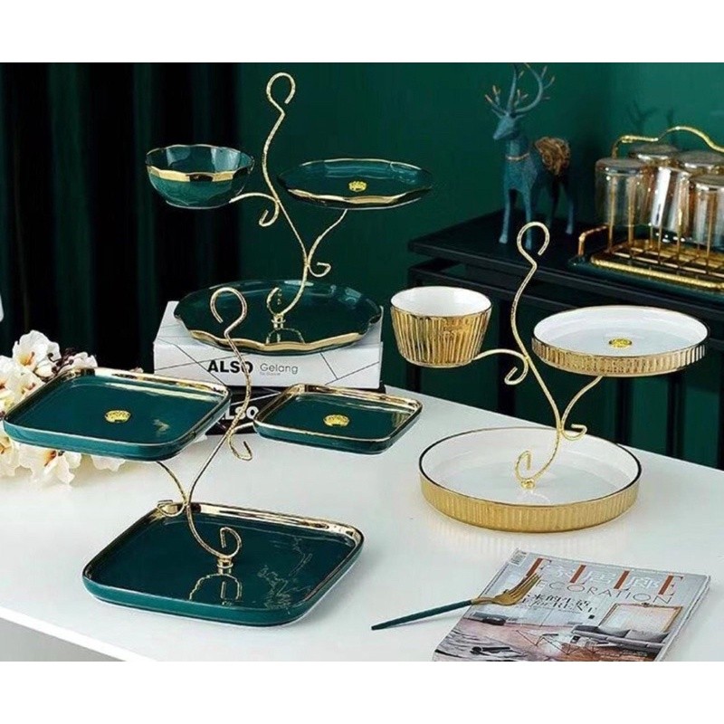 SHAFFSHOP Tier Ceramic Cake Stand ,Nampan Kue Susun Tingkat ,Wadah Saji Kue 3 Tingkat