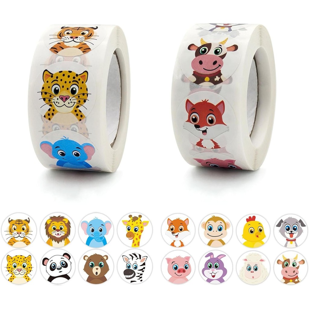 

100-500Pcs Round Animal Stickers,16 Designs Animal Cartoon Teacher Reward Stickers for Kids, Party Decor Sticker for School Home