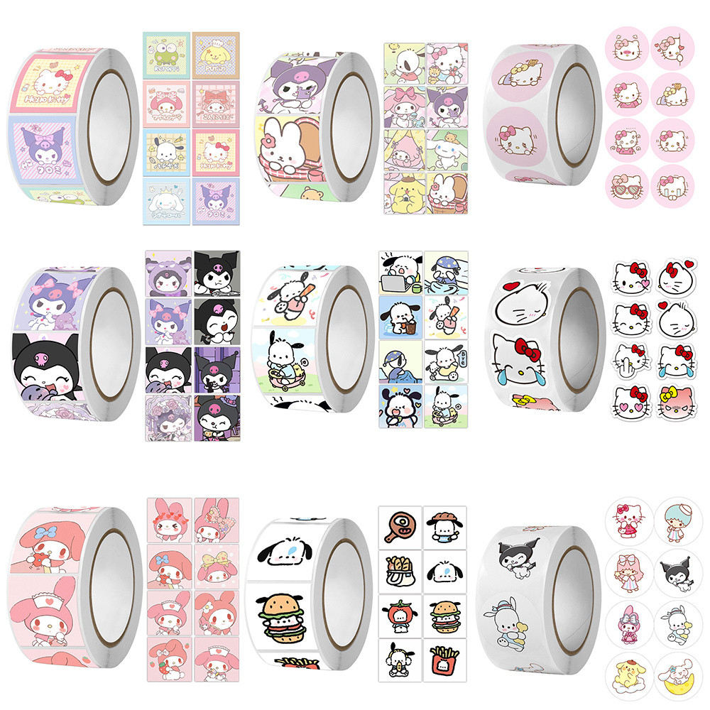 

500Pcs/roll Sanrio Sticker Kawaii Kuromi Hello Kitty Melody Pochacco Cartoon Reward Stickers Gift Decoration Decals
