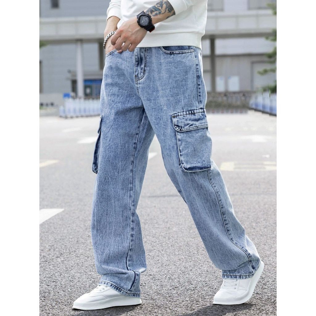 Celana Cargo Jeans Panjang Pria Reguler Standar Loose Fit Cargo Gombrong Jeans Pria