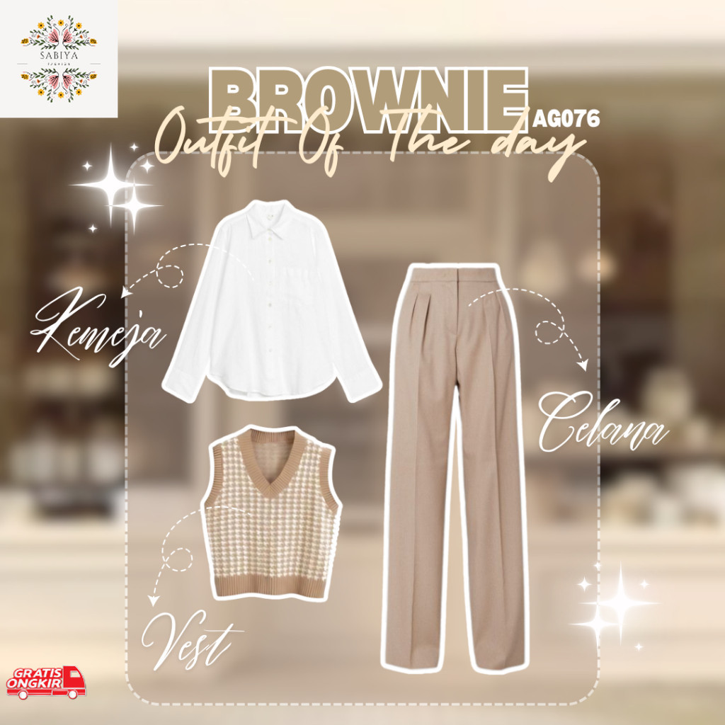 Baju Korea / dazzel 3in1 OOTD Korean Style Wanita Outfit Set Korean Style Kemeja Putih Vest Mocca Ce