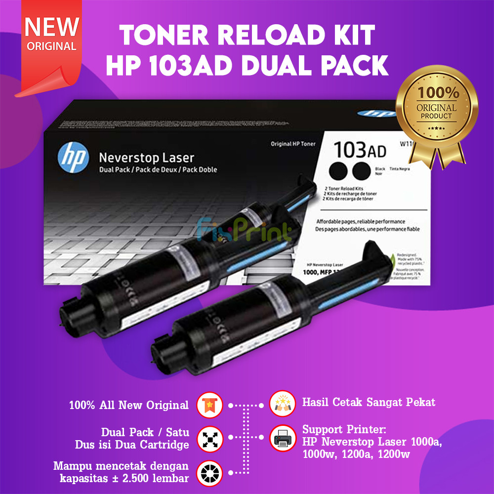 FixPrint Dual Pack ISI 2 Reload Kit 103AD W1103AD Cartridge Printer Neverstop 1000a 1000w 1200a 1200