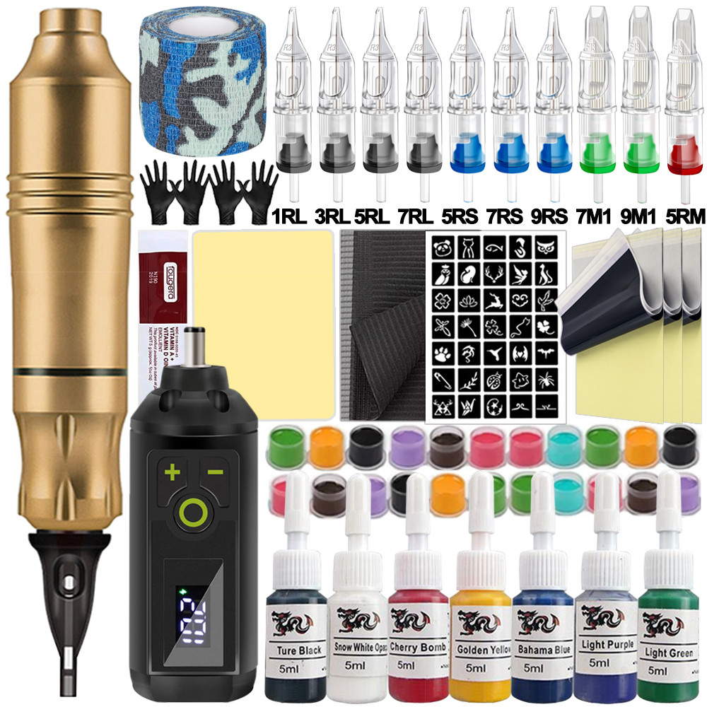Wireless Tattoo Machine Kit Rotary Tattoo Pen Machine Set with Wireless Power Supply Needles Inks fo