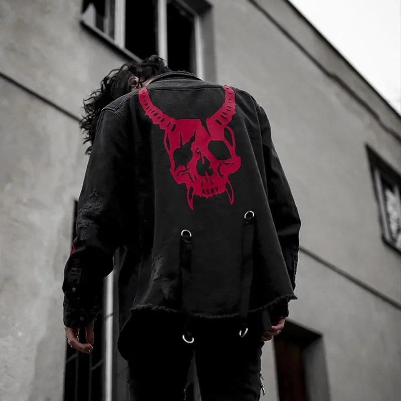 Harajuku Gothic Demon Hunter Skull Black Denim Jacket Men Rock Punk Heavy Metal Sweatshirt Sudadera 