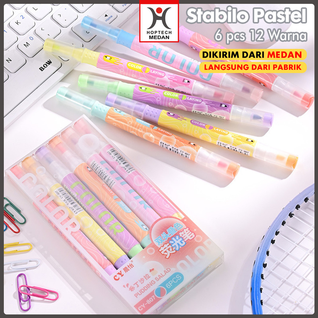 

Hoptech - Stabilo Warna Pastel Pastel 1 Set Layer Highlighter 2 Sisi 6 PCS 12 Lucu