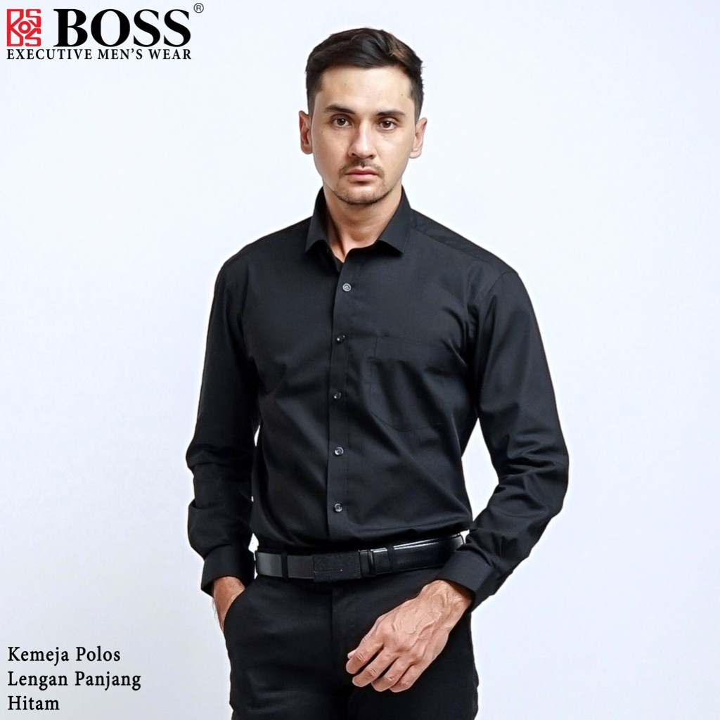 BOSS Kemeja Polos Pria Lengan Panjang Hitam BARU
