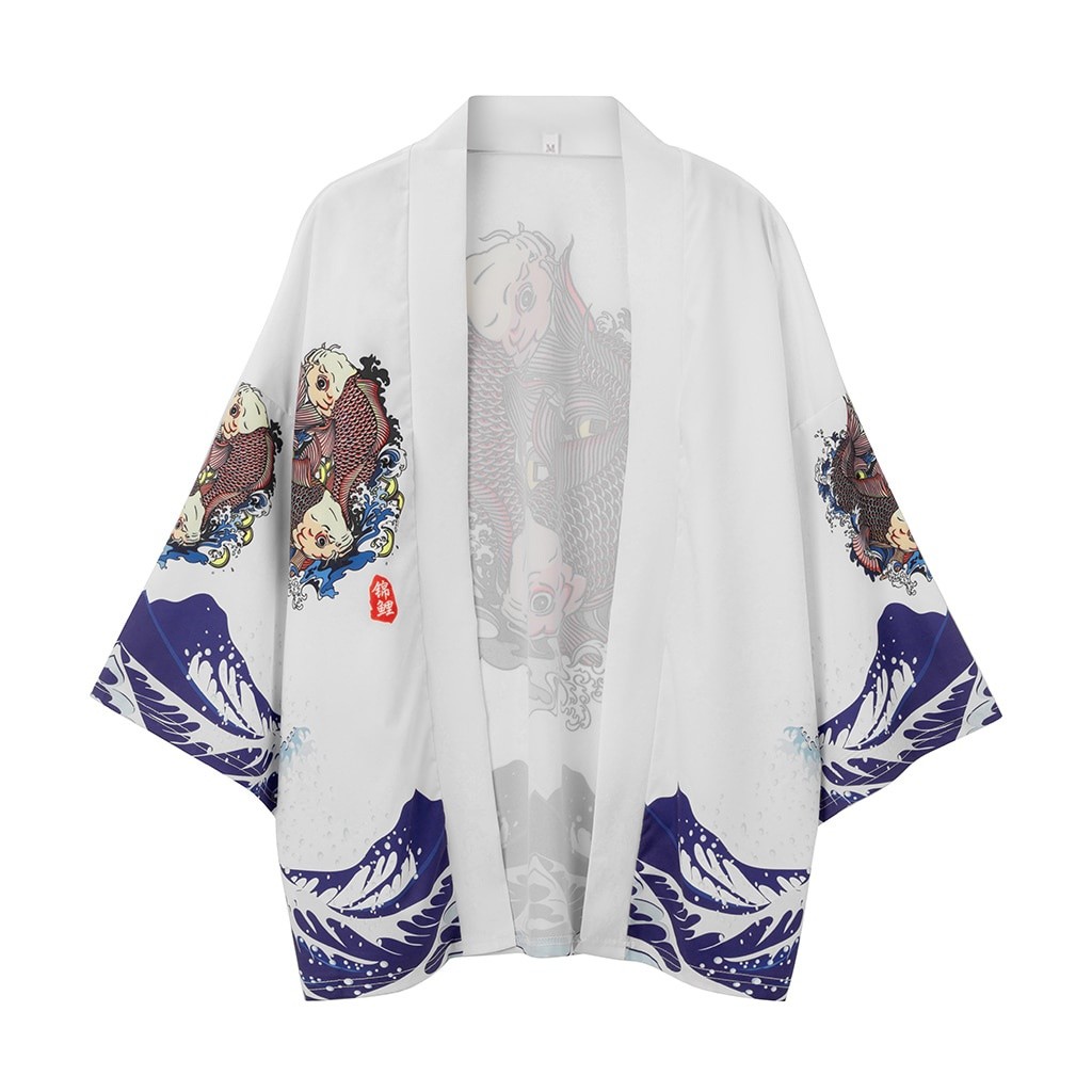 kimono outher kimono cowok Kimono Pria Jepang Motif Gelombang Ikan Mas Putih Obi Cardigan Pakaian Tr