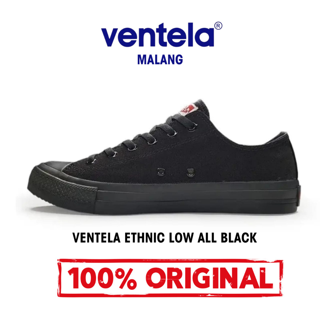 PROMO Sepatu Ventela Ethnic Low All black Original 100% Sepatu Sekolah Full Hitam Polos