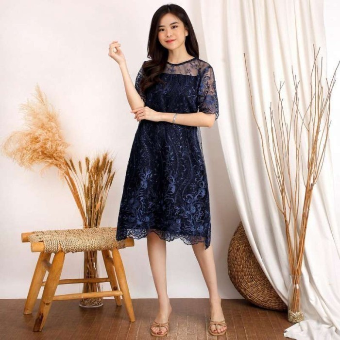 Midi Dress Wanita Liya Model Dres Brukat Brokat Size S L Terbaru Natal - NAVY AS