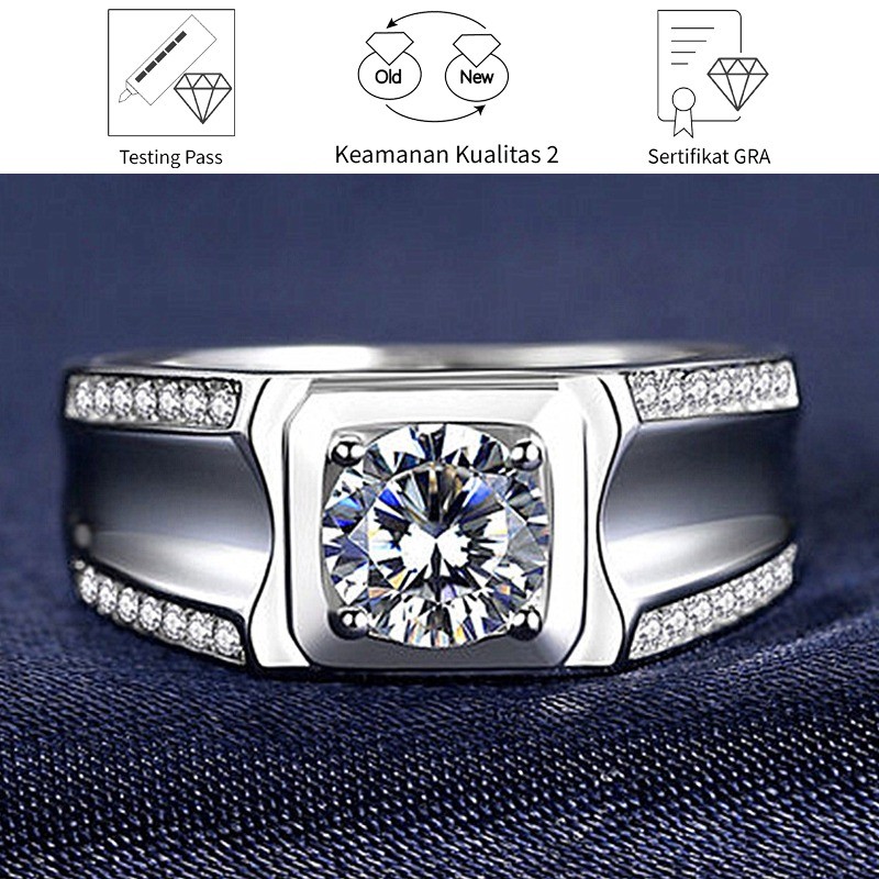 SikRoad Cincin Pria Moissanite 1 Karat Emas Putih 18K Hadiah Pasangan