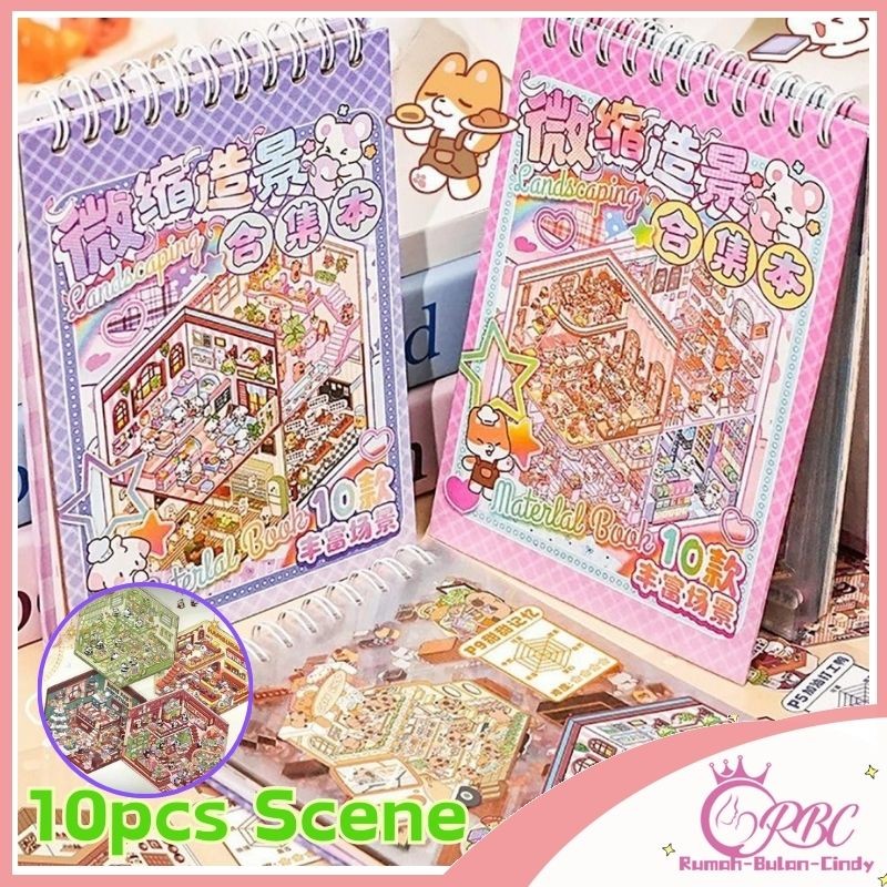 [Penjual Lokal] 10-in-1 Miniature Sticker Book Miniature Scene Collection Book Landscaping Stickers 