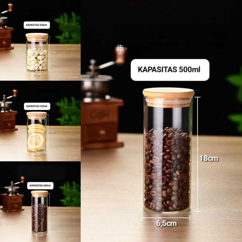 Toples Penyimpanan Kaca Berbentuk Tabung dengan Tutup Kayu