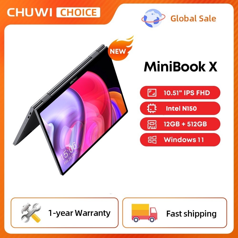 CHUWI MiniBook X Laptop Tablet 2 In 1 Intel N150 CPU 10.51" FHD IPS Screen 12GB LPDDR5 512G SSD Wind