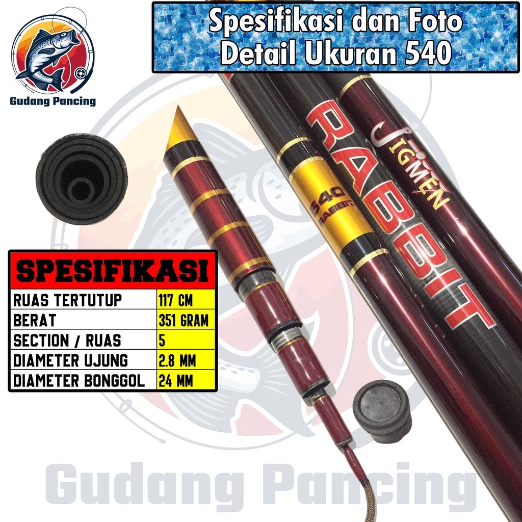 JAMIN MURAH JIGMEN RABBIT Joran Tegek Kaku 10H Ukuran 450 540 630 Bahan Carbon Pole Tegeg ORIGINAL U