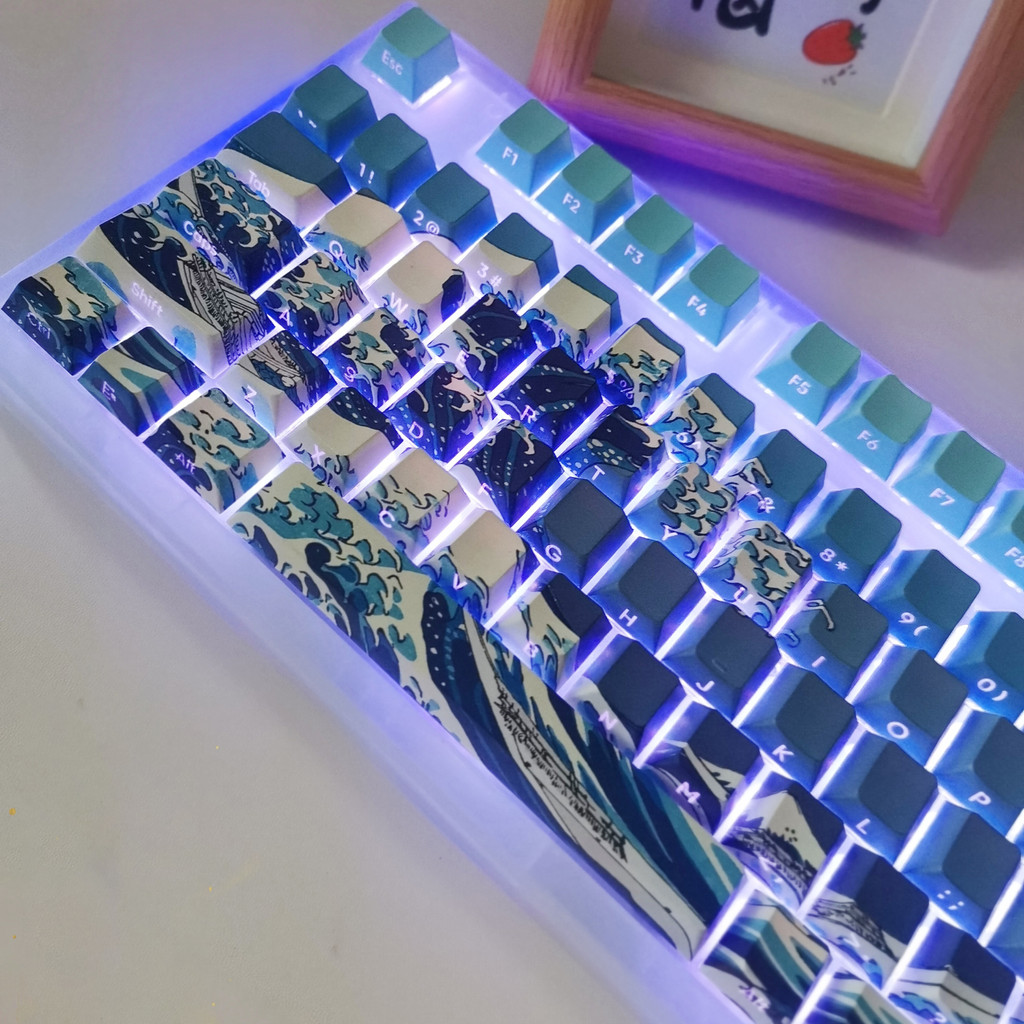 125 Keys Kanagawa Themed Top/Side Printed RGB Backlit Keycaps Dye Sub PBT Keycaps Cherry Profile for
