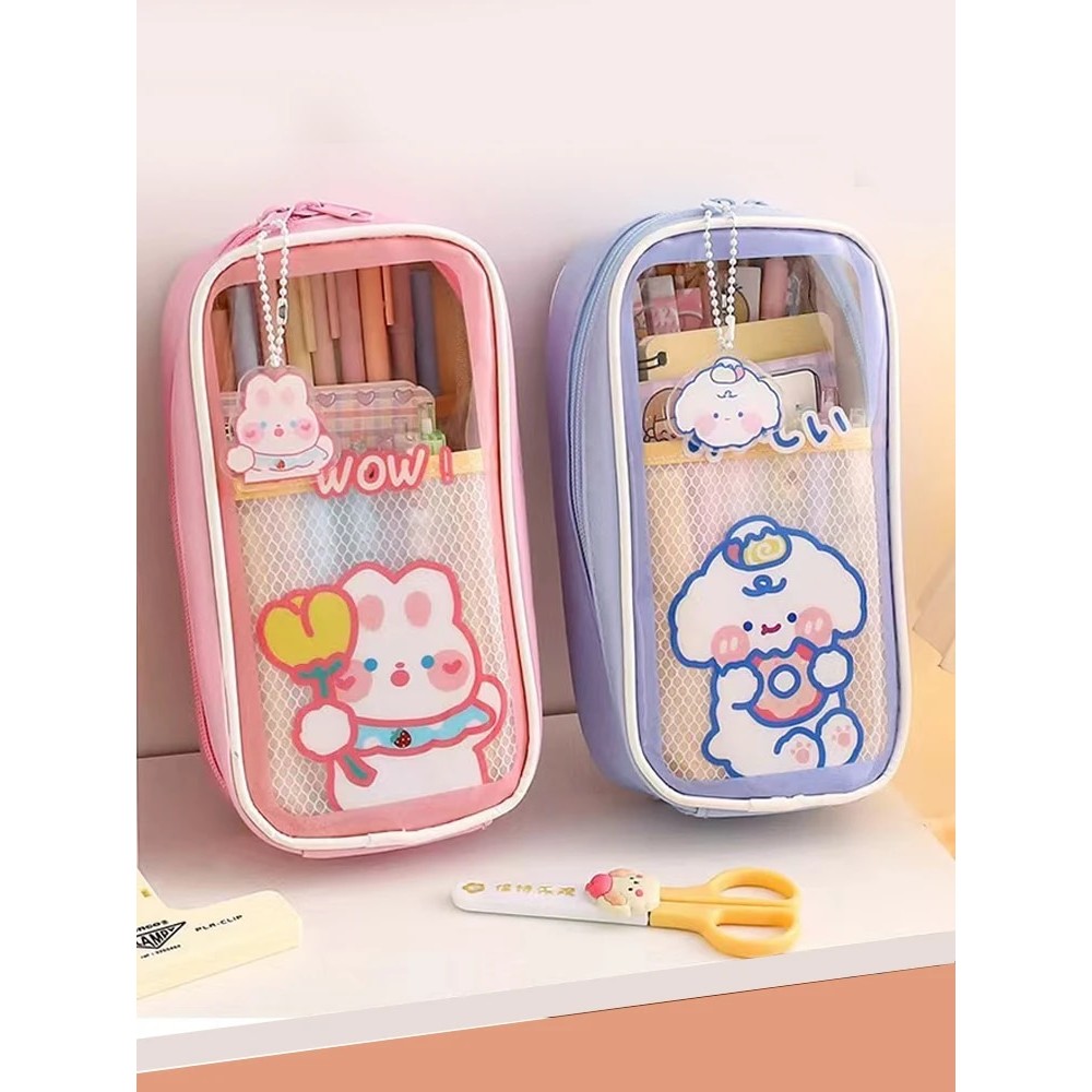 

Cute Creative Transparent Canvas Large Capacity Pen Pouch Children Cartoon Student Stationery Transparent Plastic Pen Case Pouch