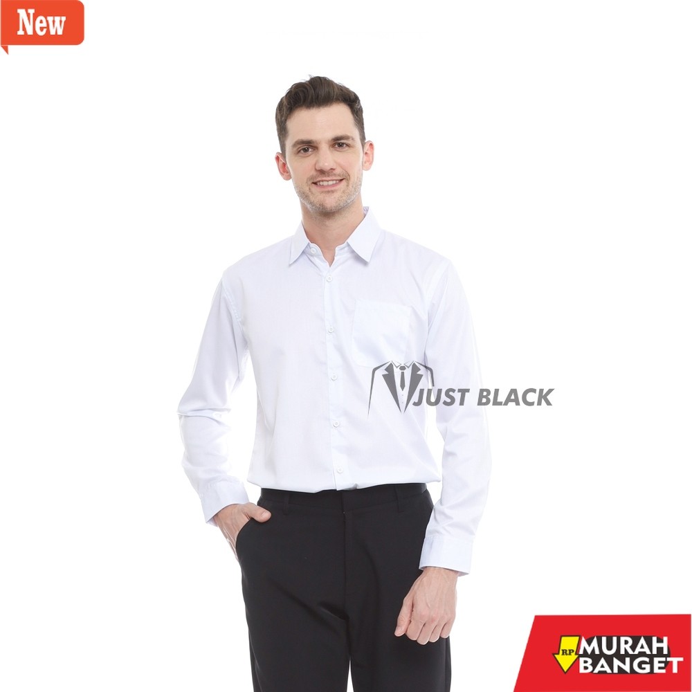 kemeja formal pria Just Black - Kemeja Putih Pria Basic Formal Untuk Jas Blazer Kantoran Lengan Panj