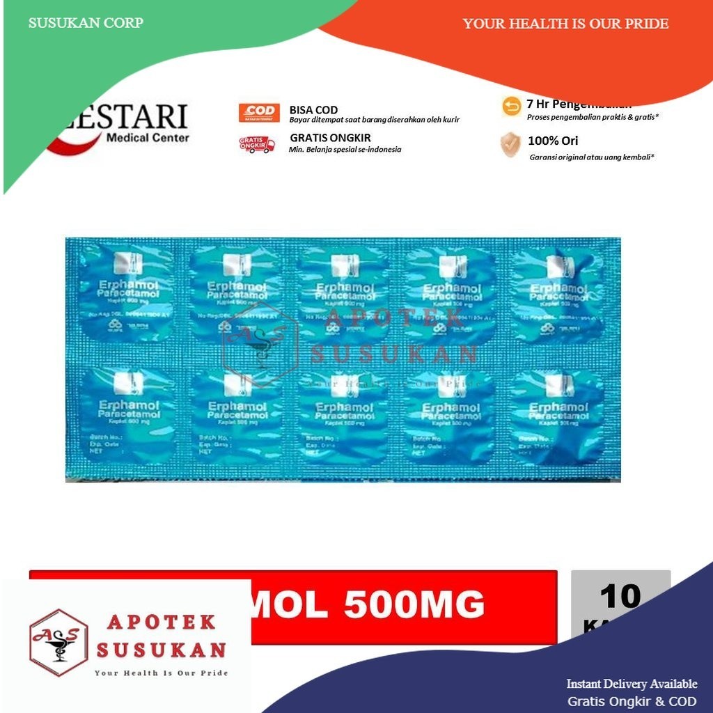 Erphamol 10 kaplet [ Strip] - Paracetamol 500mg OBAT DEMAM / SAKIT KEPALA / NYERI