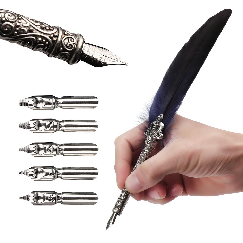 

1 Set Vintage Feather Pen with 5 Pen-nib Carved Flower Nib Quill Dip Pen Oblique Pen Set Gift Writing Tools School Office Supply