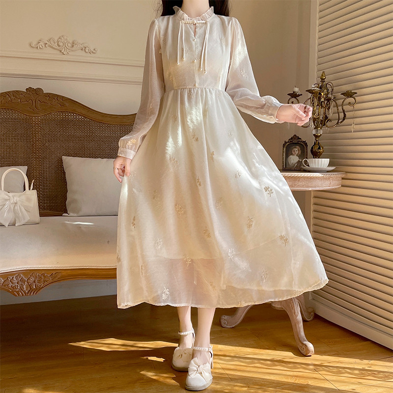 Gaun Lengan Panjang Gaya China Wanita, Baru