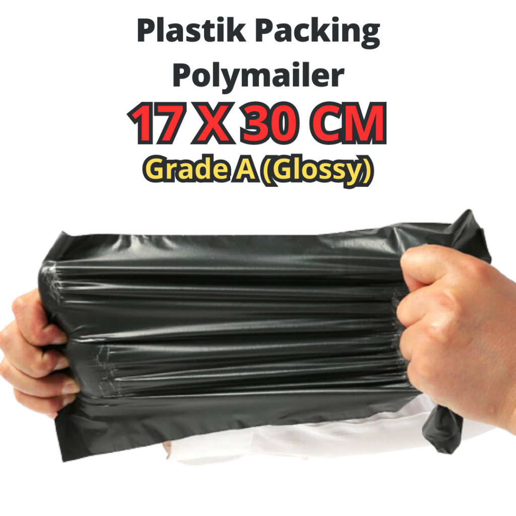 

Polimer LDPE Kantong Paket Onlineshop Packing Polymailer Hitam Glossy 17x30cm Kantong Paket Tebal Premium Bisa Instant COD
