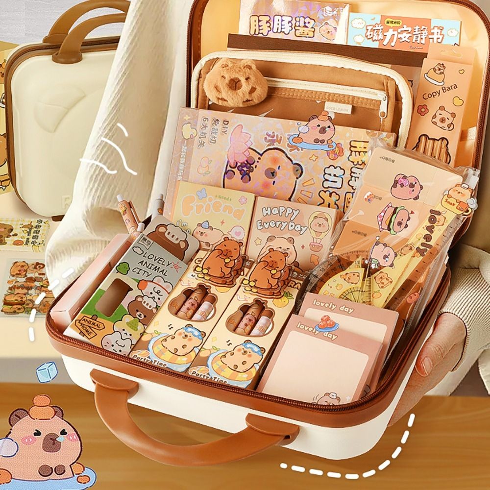 

Kawaii Capybara Stationery Set Notebook, Stickers Cute Back-to-School Supplies Ruler, Pencil, Pen Case Pencil Sharpener