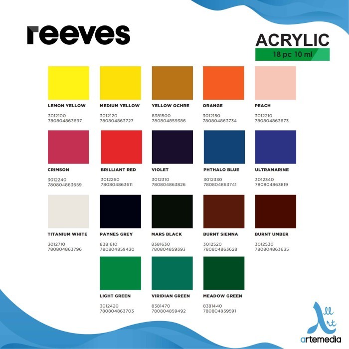 

best -Cat Akrilik Reeves Acrylic Tube 18x12ml Color Paint Set