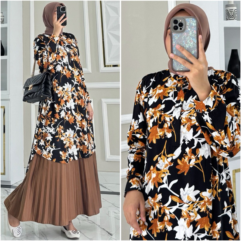 Gamis wanita syari  model baruKAILA tunik  / tunik rayon motif bunga murah modern