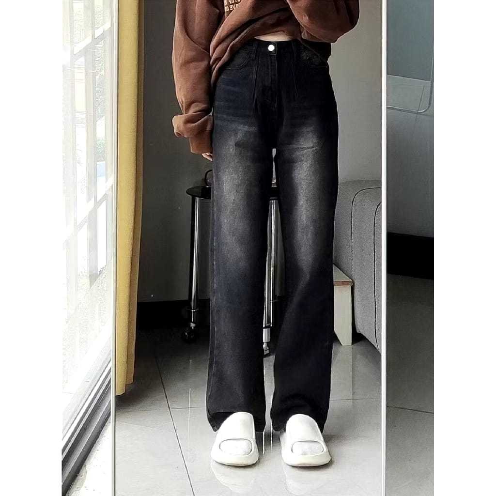 Magenta - Celana Panjang Wanita Jeans Pants Korean Style Gombrang Warna Hitam Wisker Tebal & Nyaman 