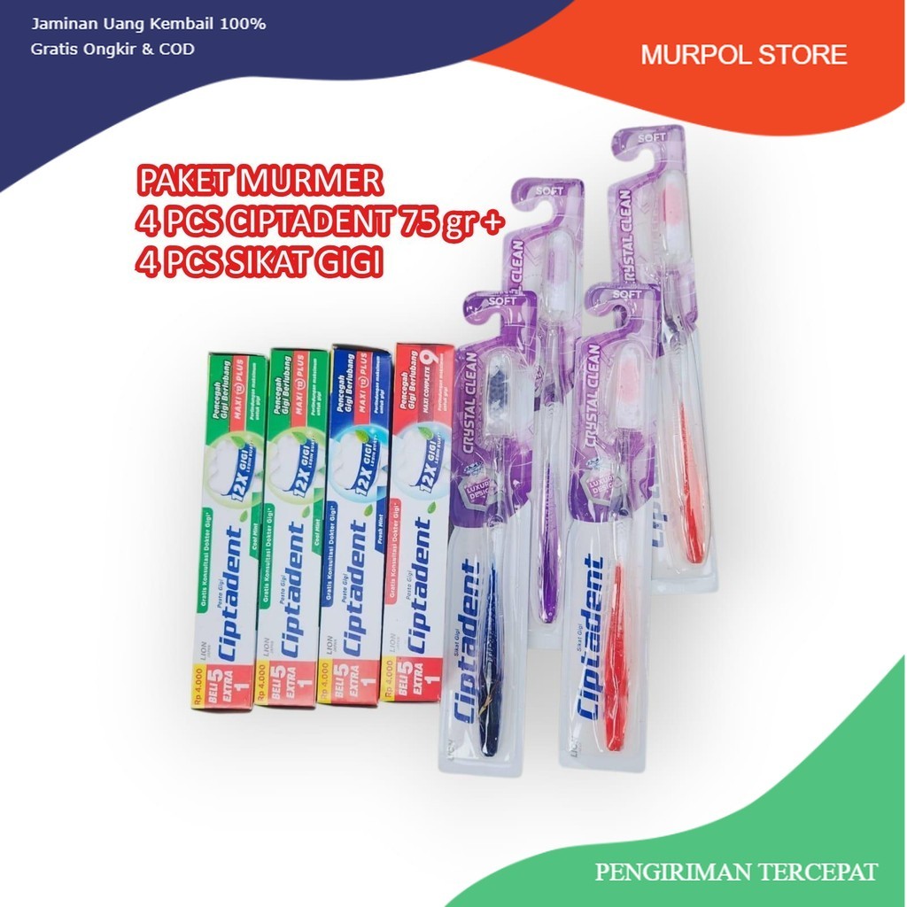 PAKET HEMAT 4 pcs Pasta Gigi CIPTADENT 75 gr + 4 Pcs Sikat Gigi CIPTADENT
