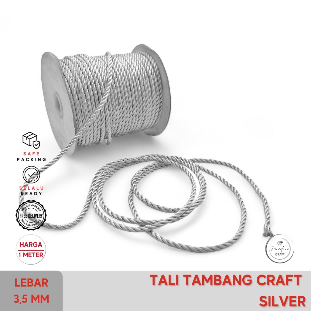 

[Meter] Tali Craft Tambang Polyester Taiwan Silver Diameter 3,5 mm Dekorasi Hiasan Ornamen Gantungan Pita Tali Kur Jute Goni Kado Hampers Natal Christmas Idul Fitri Lebaran Imlek Ribbon 3,5mm Perak